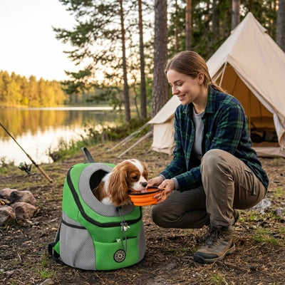 dame en camping donne eau à son cavalier king charles dans sac de transport pour chien qui est par terre