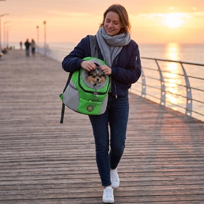 dame marche sur un quai et porte son chien dans sac de transport pour chien sur épaule