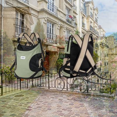Sac de transport pour chien sur fond de ville