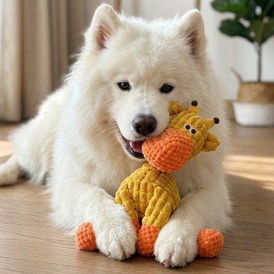 samoyède joue avec Peluche Chien sur moquette