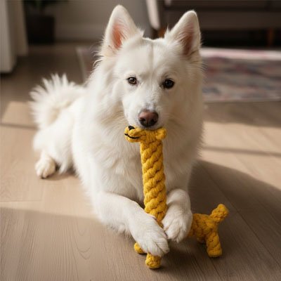 samoyède joue avec Peluche Chien sur moquette