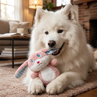 samoyède mordille Peluche pour chien sur moquette