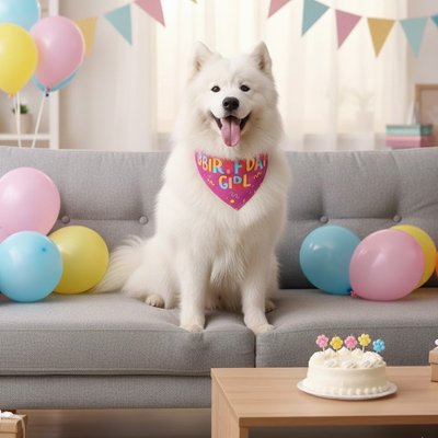 samoyède portant Bandana Chiens est assis sur canapé