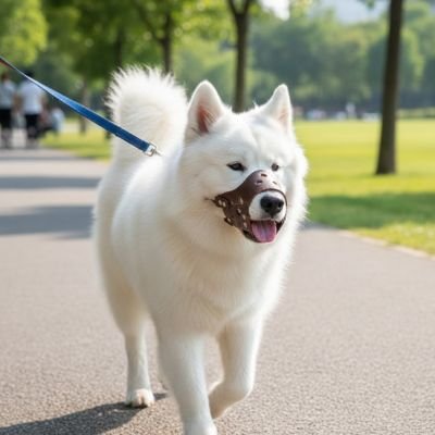 samoyède portant Muselière pour chien​ marche en laisse sur sentier dans parc