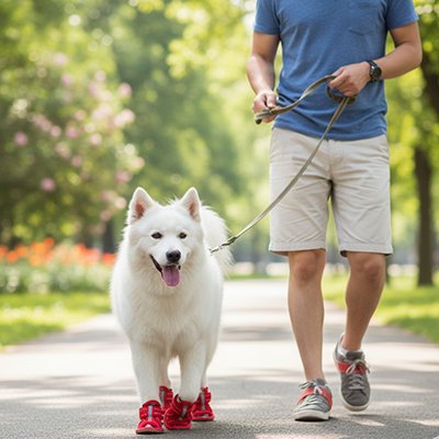 samoyède porte Chaussures chien rouge sur un sentier de parc avec homme