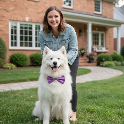 samoyède porte collier noeud papillon chien assis sur pelouse avec dame