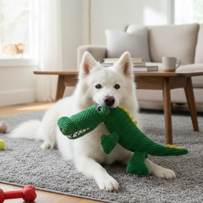 samoyède tient Peluche pour chien dans sa bouche couché sur moquette de salon