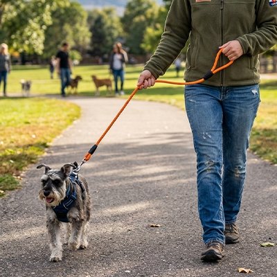 schnauser en Longe Chien marche avec femme