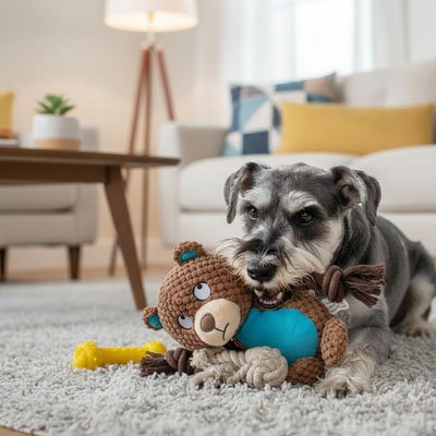 schnauser joue avec Peluche Chien ourson sur moquette blanche