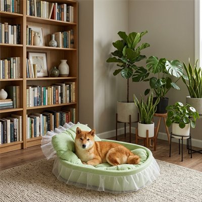 shiba inu couché dans Lit pour Chien vert dans bibliothèque