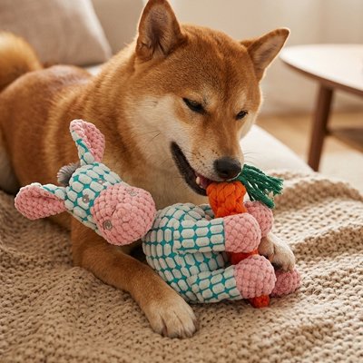 shiba inu joue avec Peluche Chien sur moquette