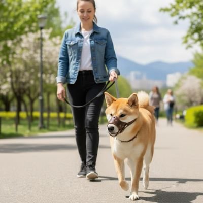 shiba inu portant Muselière pour chien​ marche en laisse avec dame