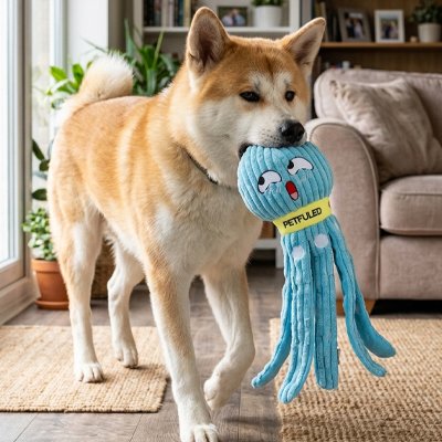 shiba inu tient Peluche chien dans sa bouche
