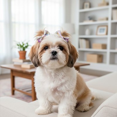 shih tzu porte Noeud papillon chien assis sur canapé blanc