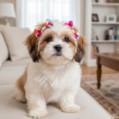 shih tzu porte Noeud papillon pour chien sur canapé blanc