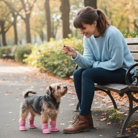 shihtzu brun portant Chaussure pour Chien avec dame près de banc de parc