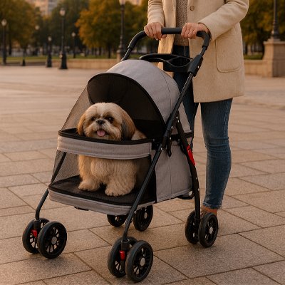 shihtzu dans Poussette pour Chien grise poussée par femme