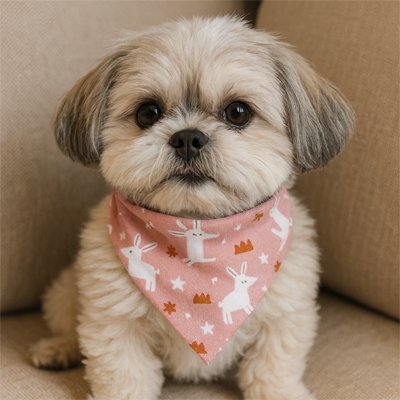 shihtzu portant Bandana Chien est assis sur canapé