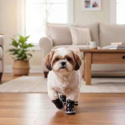shihtzu portant Botte pour Chiens court sur sol en bois
