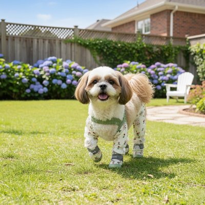 shihtzu portant Bottes Chien marche dans jardin de maison
