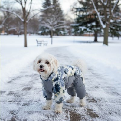 shihtzu portant Manteau pour Chien gris est dans un parc en hiver