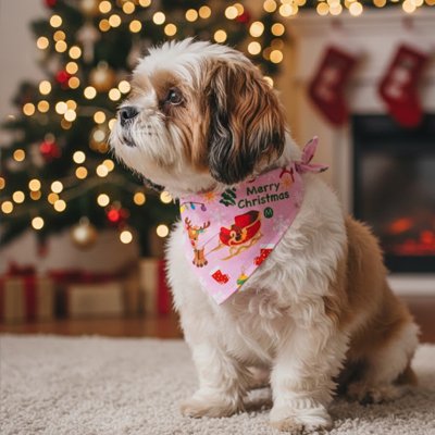 shihtzu porte Bandana pour Chien près de arbre de noël