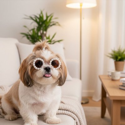 shihtzu porte Lunette chien assis sur canapé