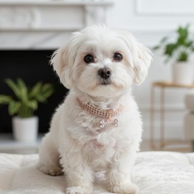 shitzu blanc portant collier chiot or est assis sur canape