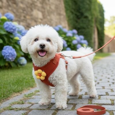 shitzu blanc portant Harnais pour petit Chien est debout sur pave de parc