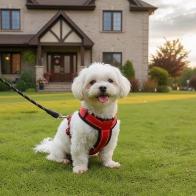 shitzu blanc portant Harnais pour petit Chien rouge en laisse sur pelouse 