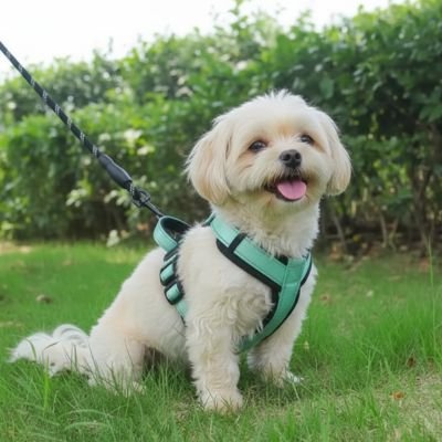 shitzu blanc portant Harnais pour petit Chien vert en laisse sur pelouse