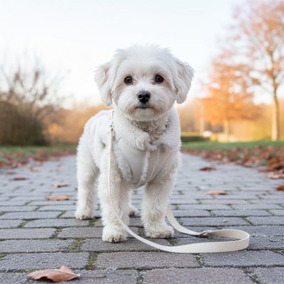 shitzu blanc portant Manteau Chien blanc est sur sentier pavé en automne