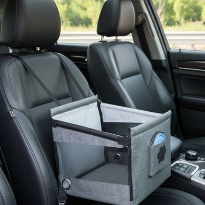 Siege auto chien sur banquette grise