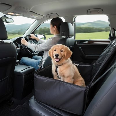 golden retriever est assis dans Siege auto pour chien sur banquette grise