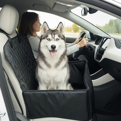 husky est assis dans Siege auto pour chien sur banquette grise