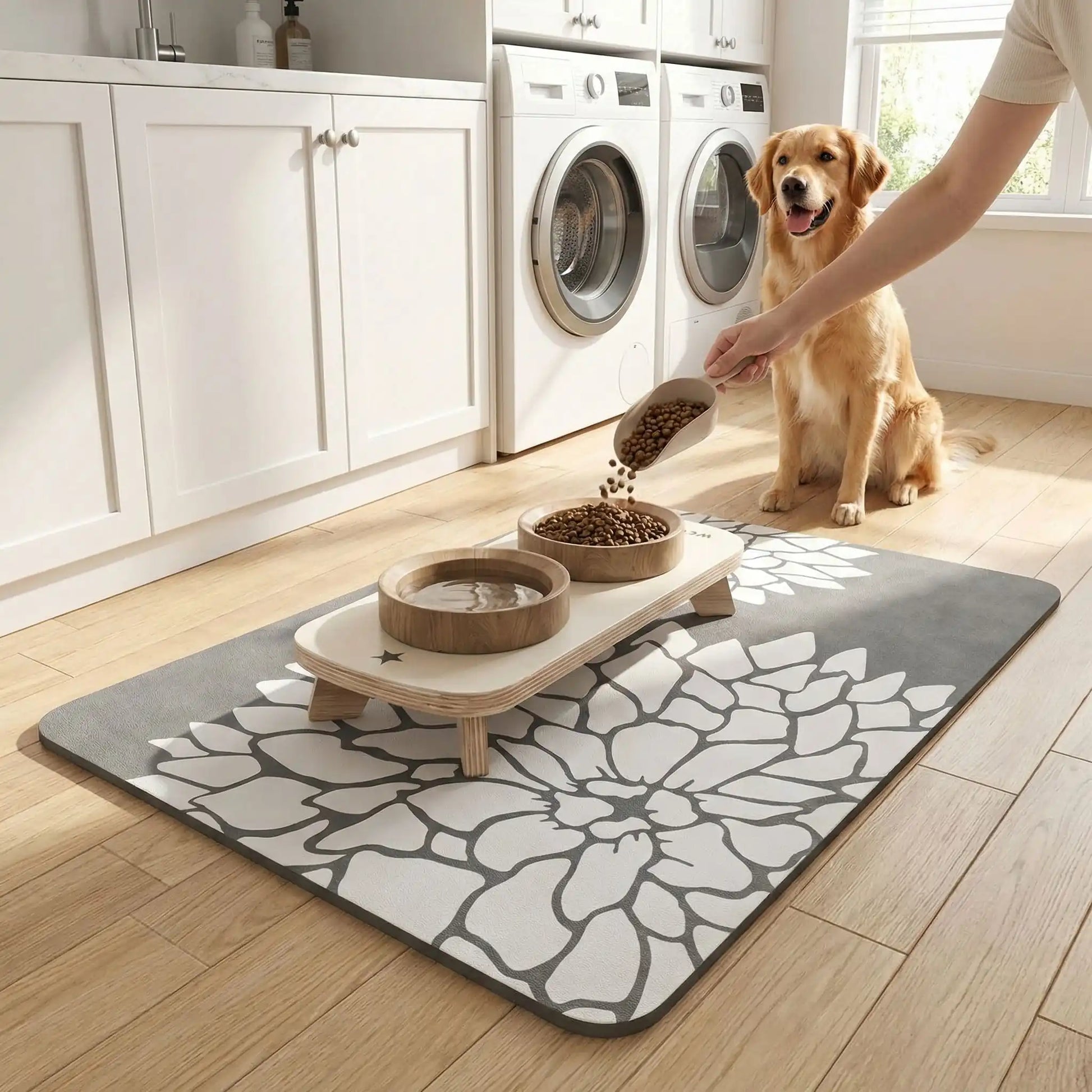 golden retriever attend derrière tapis gamelle chien sur plancher 