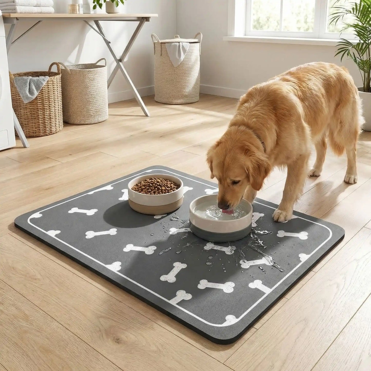 golden retriever boit eau sur tapis gamelle chien sur plancher 