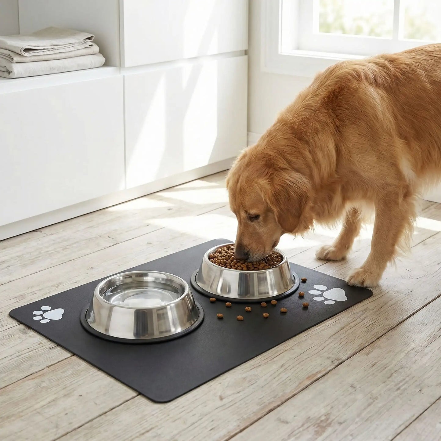 golden retriever mange dans bol sur tapis gamelle chien sur plancher 