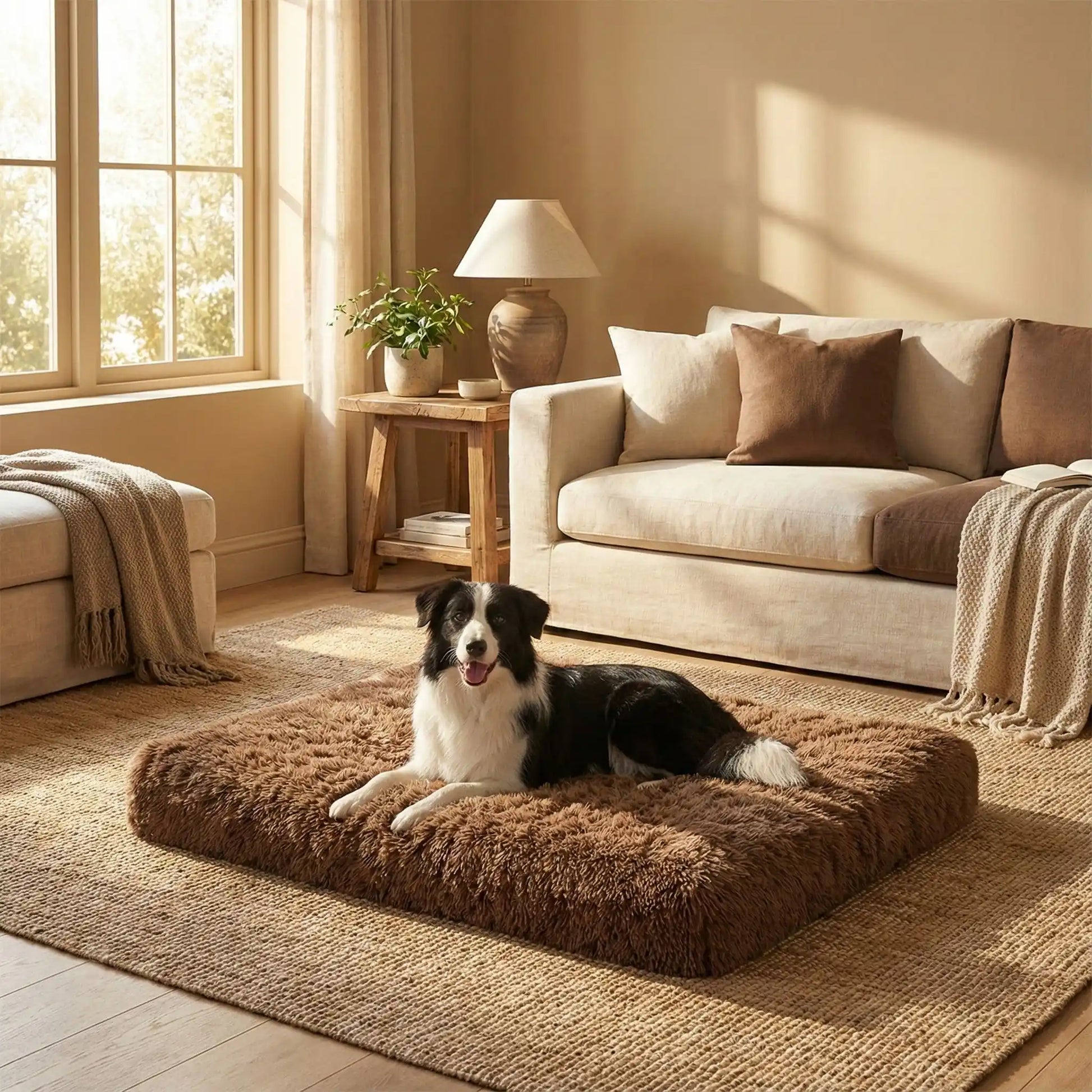chien noir et blanc couché sur tapis pour chien sur sol de bois près de fenêtre