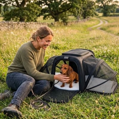 teckel assis dans Sac de transport Chien avec femme