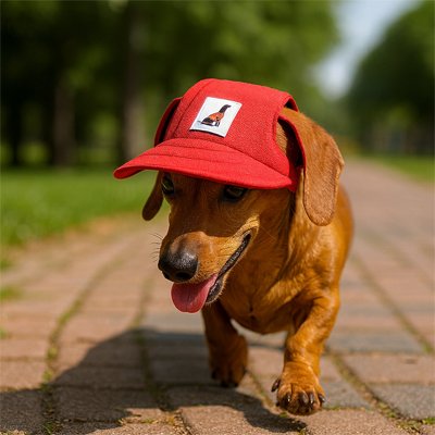 teckel porte Casquette pour chien​ en marchant sur sentier de parc