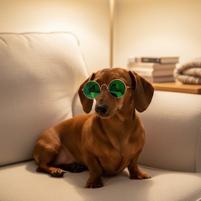 teckel porte Lunette de soleil pour chien assis sur canapé beige