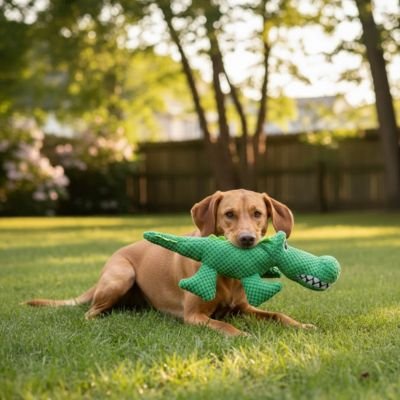 teckel tient Peluche pour chien dans sa bouche couché sur pelouse