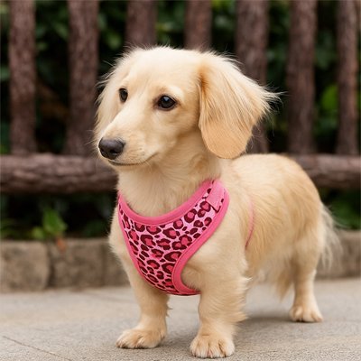 teckle beige portant Harnais petit Chien rose est debout sur pave