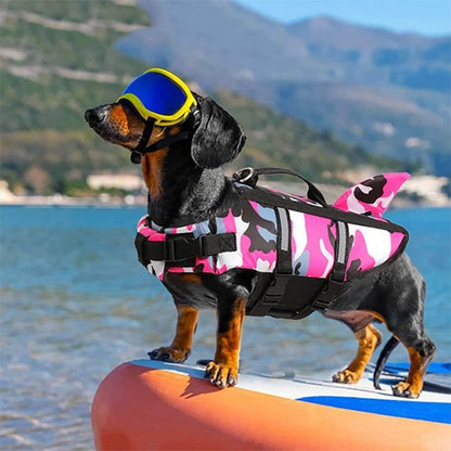teckle portant Gilet de sauvetage chien rose debout sur bateau avec lunettes soleil