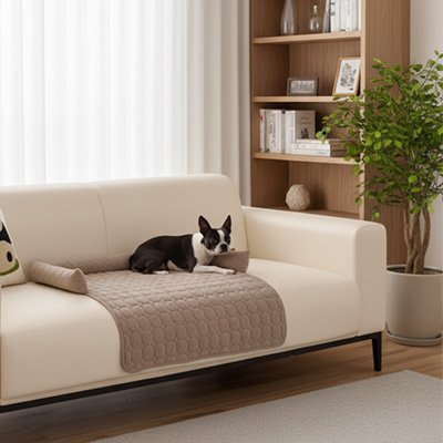 terrier boston couche sur Lit pour chien sur sofa blanc