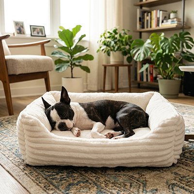 terrier boston dort dans Panier Chien blanc