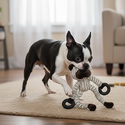 terrier boston joue avec Peluche pour chien sur moquette