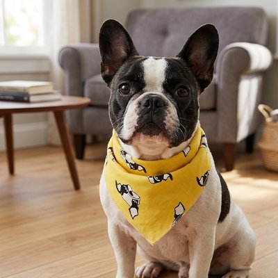 terrier boston portant Bandana pour Chien est assis sur sol de bois