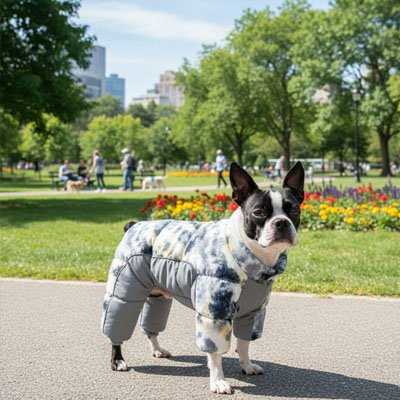 terrier boston portant Manteau pour Chien gris est dans un parc